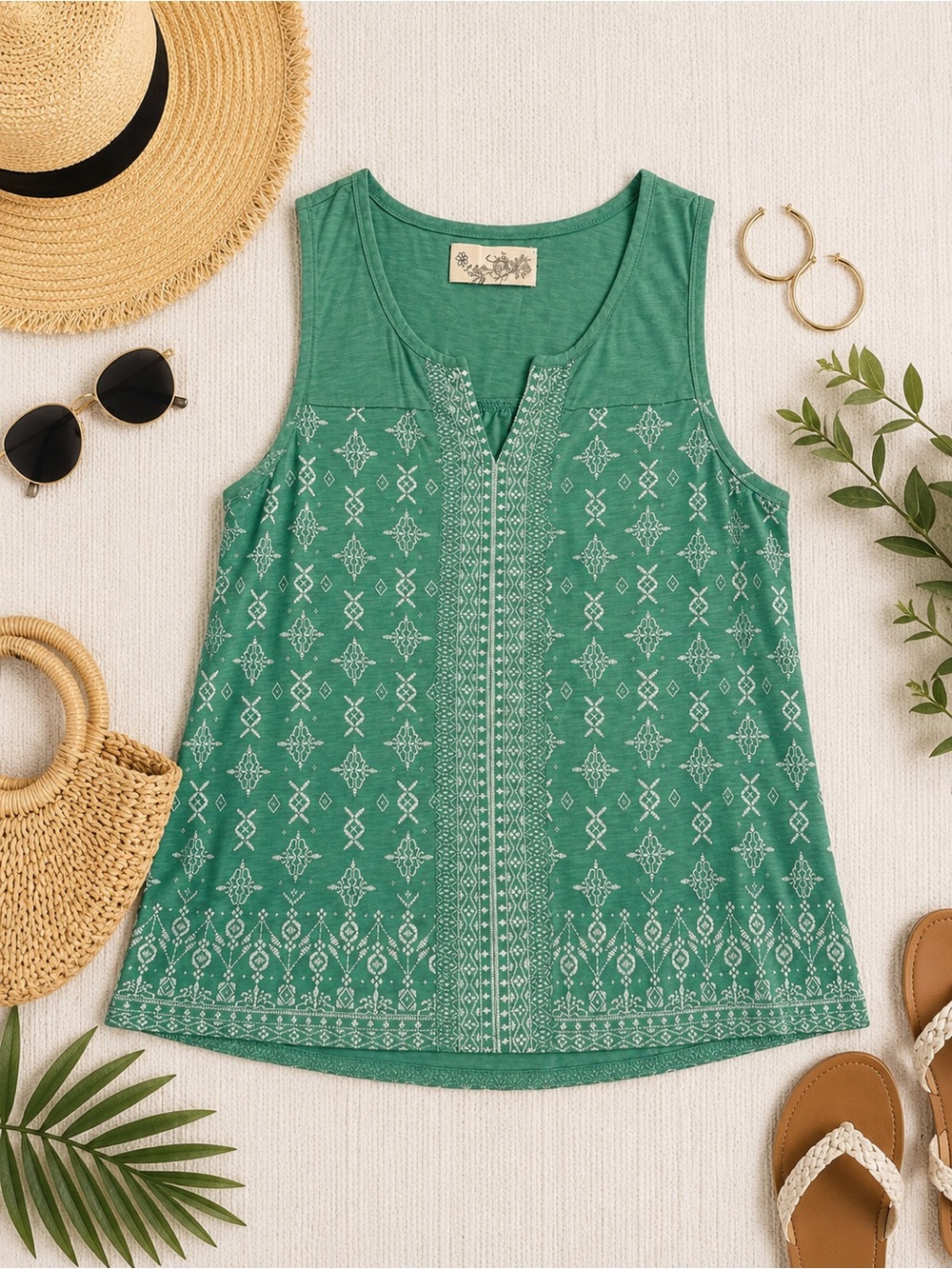 Aventura Organic Cotton Teal Sleeveless Printed Tank Top Size Small